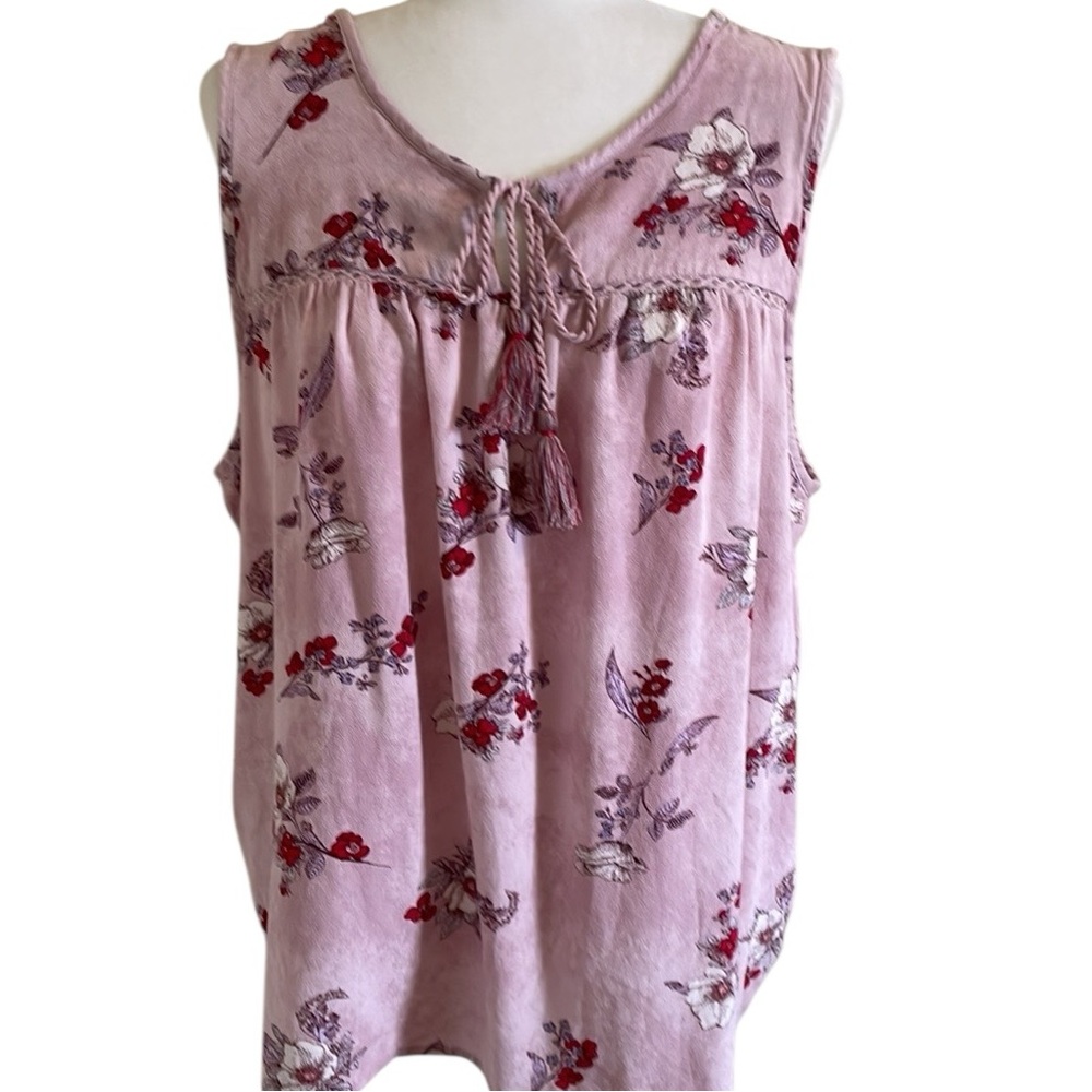 KNOX ROSE FLOWY PINK FLORAL SLEEVELESS PINK TOP Size XXL Tassel Tie Keyhole - Picture 2 of 12